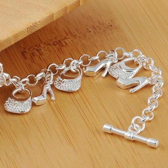 Silver Shoe & Handbag Charm Toggle Chain Bracelet - Picture 3 of 5